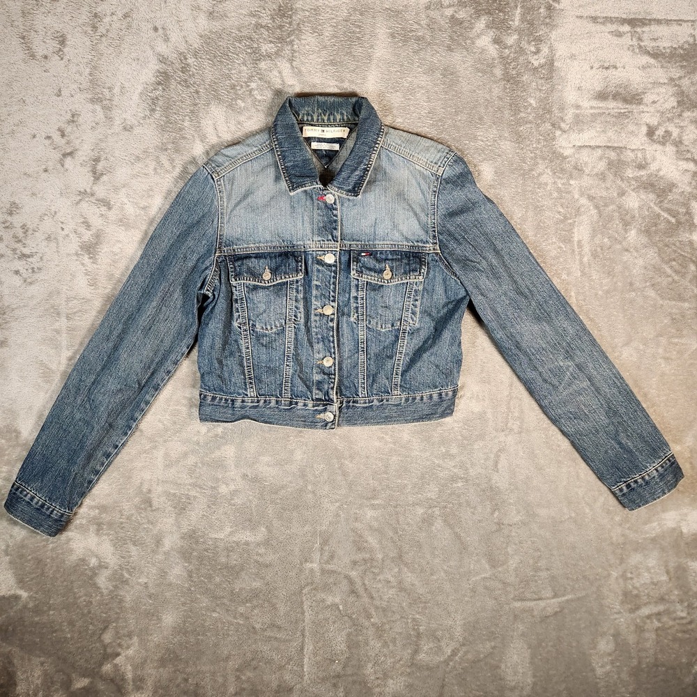 Vintage Tommy Hilfiger Jean Jacket Women's 8/10 Large Blue American Flag‎ Vtg
